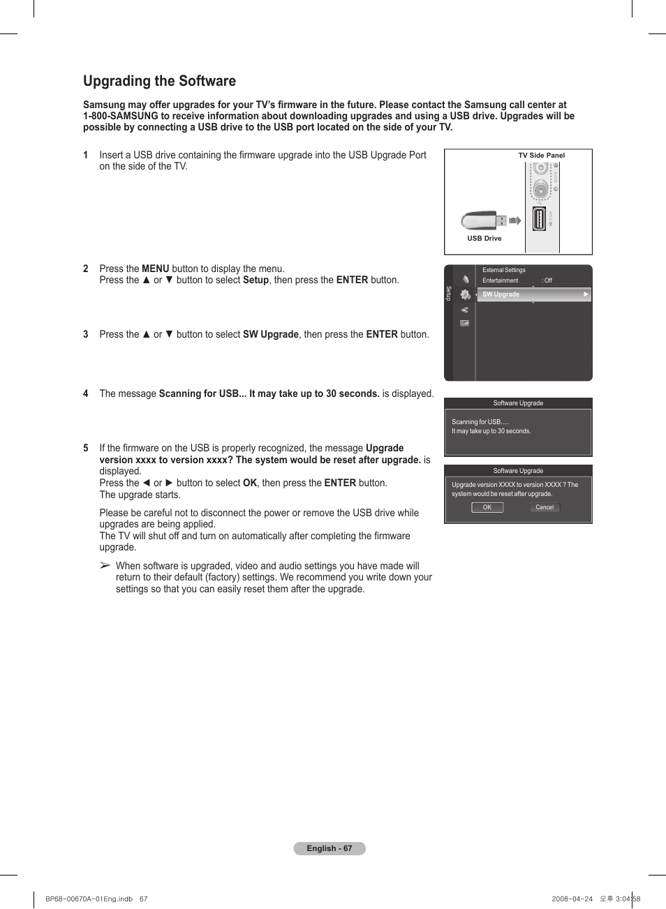 Upgrading the software | Samsung HL72A650C1FXZA User Manual | Page 67 / 195