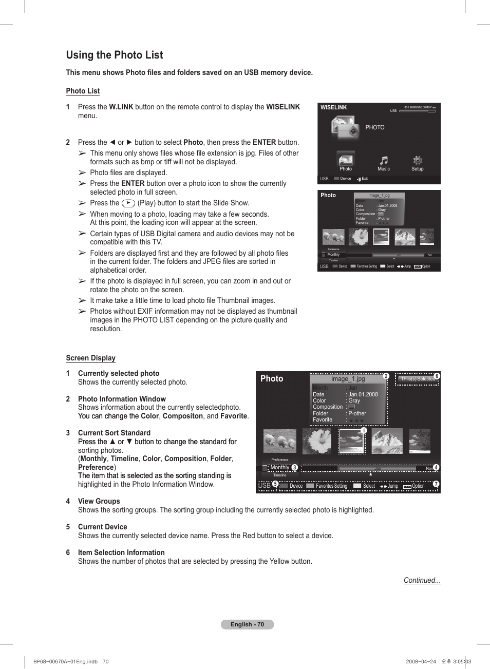 Using the photo list, Photo | Samsung HL72A650C1FXZA User Manual | Page 70 / 195