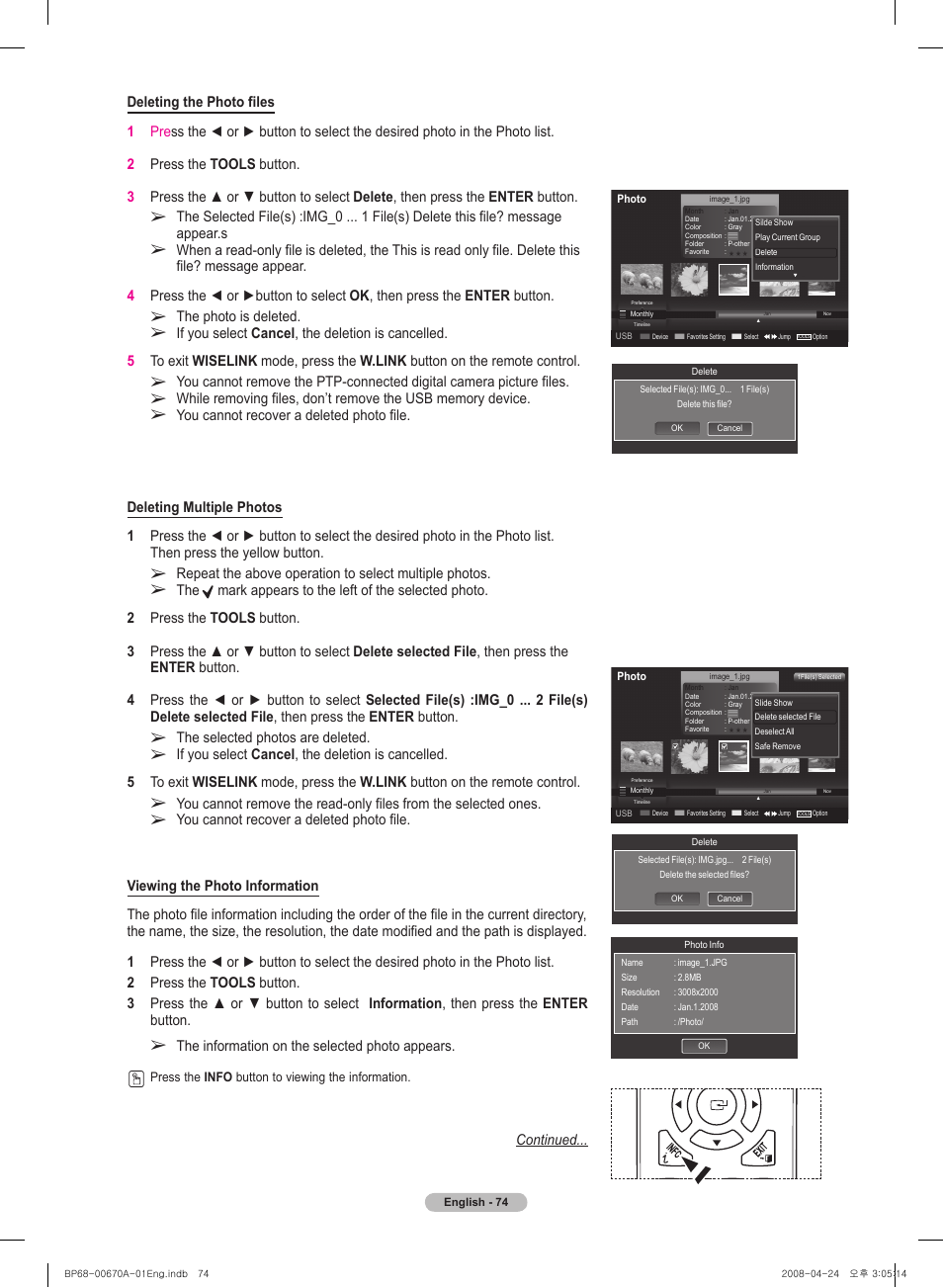 The selected photos are deleted, The information on the selected photo appears, The photo is deleted | You cannot recover a deleted photo file | Samsung HL72A650C1FXZA User Manual | Page 74 / 195