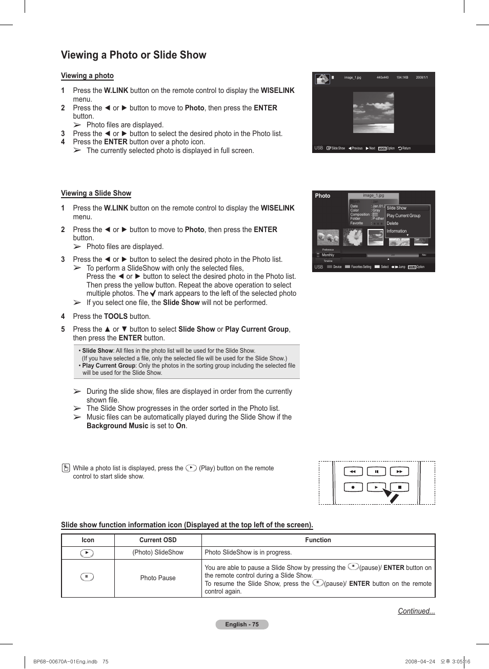 Viewing a photo or slide show | Samsung HL72A650C1FXZA User Manual | Page 75 / 195