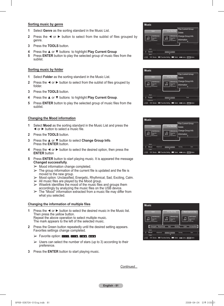 Mood information change completed, All music files are played by the mood group, Favorite option | English - 1, Music | Samsung HL72A650C1FXZA User Manual | Page 81 / 195