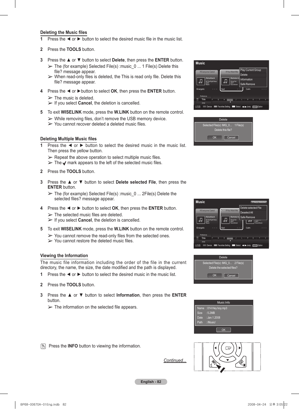 The music is deleted, The selected music files are deleted | Samsung HL72A650C1FXZA User Manual | Page 82 / 195