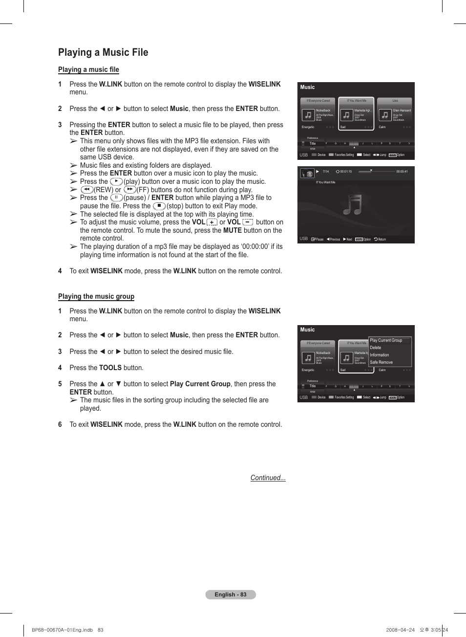 Playing a music file, Music files and existing folders are displayed, Press the | Play) button over a music icon to play the music, Rew) or, Ff) buttons do not function during play, Stop) button to exit play mode, Or vol | Samsung HL72A650C1FXZA User Manual | Page 83 / 195
