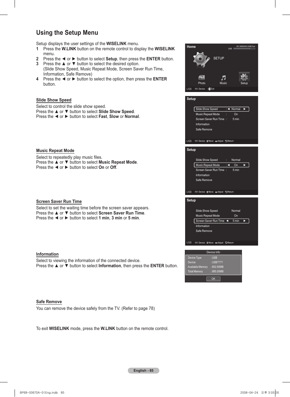 Using the setup menu | Samsung HL72A650C1FXZA User Manual | Page 85 / 195