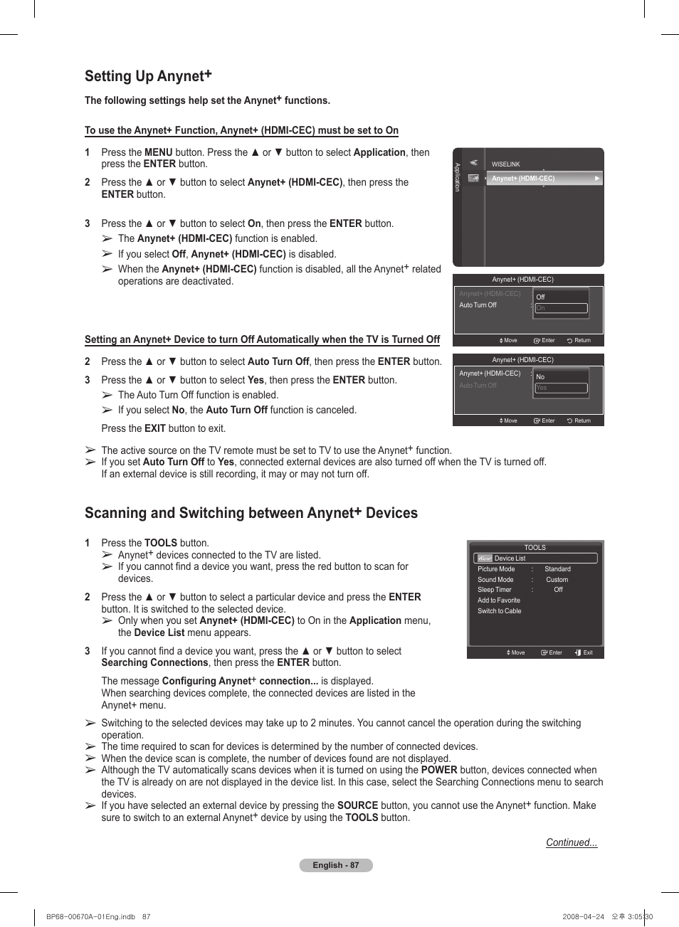 Setting up anynet, Scanning and switching between anynet+ devices | Samsung HL72A650C1FXZA User Manual | Page 87 / 195