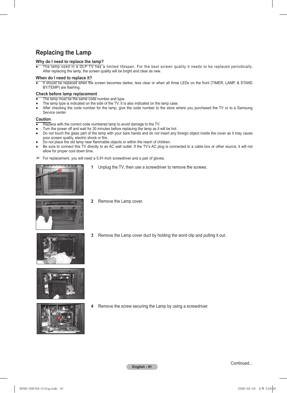 Replacing the lamp | Samsung HL72A650C1FXZA User Manual | Page 91 / 195