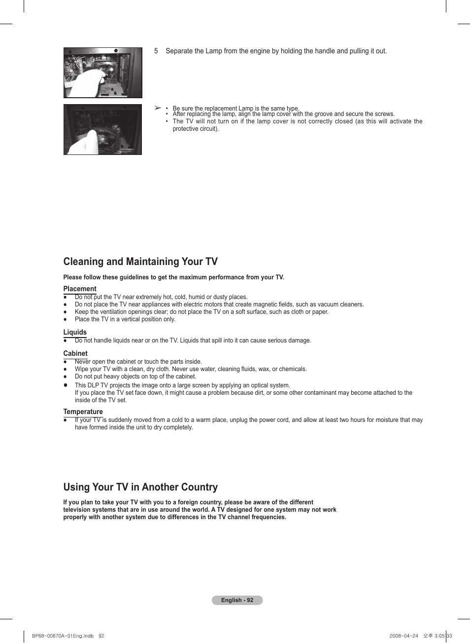 Cleaning and maintaining your tv, Using your tv in another country | Samsung HL72A650C1FXZA User Manual | Page 92 / 195
