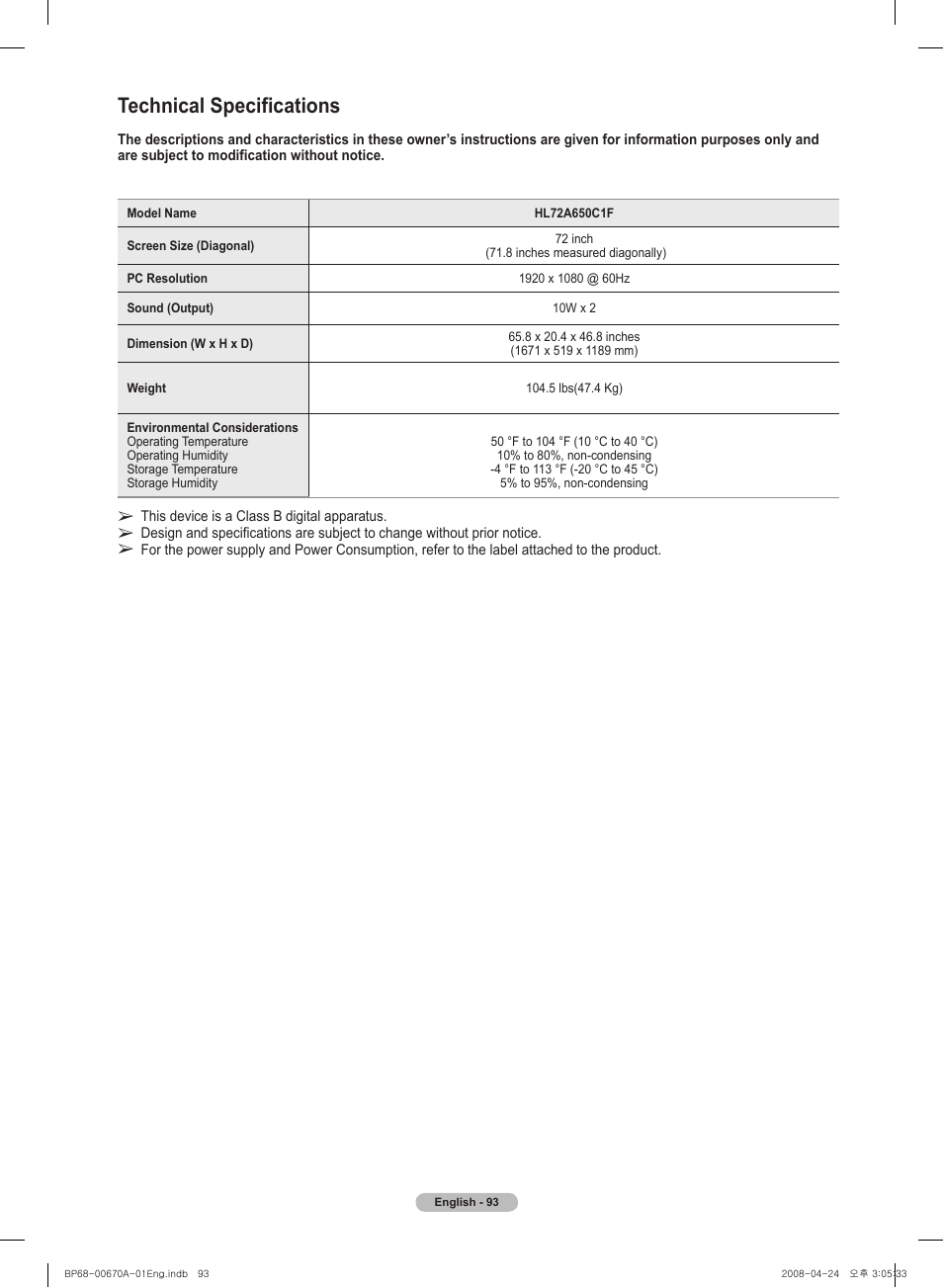 Technical specifications | Samsung HL72A650C1FXZA User Manual | Page 93 / 195