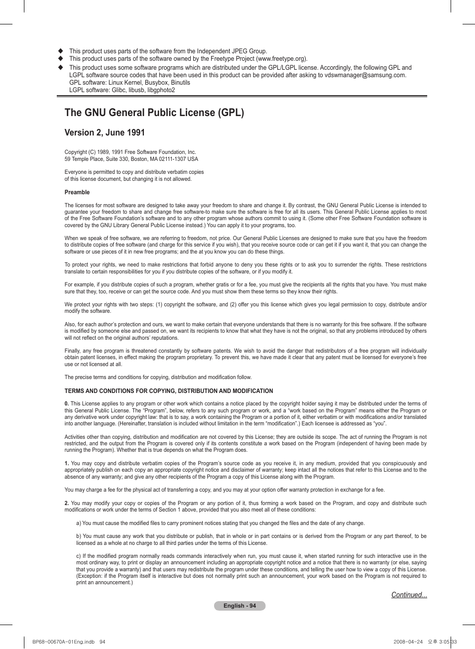 The gnu general public license (gpl), Version , june 11 | Samsung HL72A650C1FXZA User Manual | Page 94 / 195
