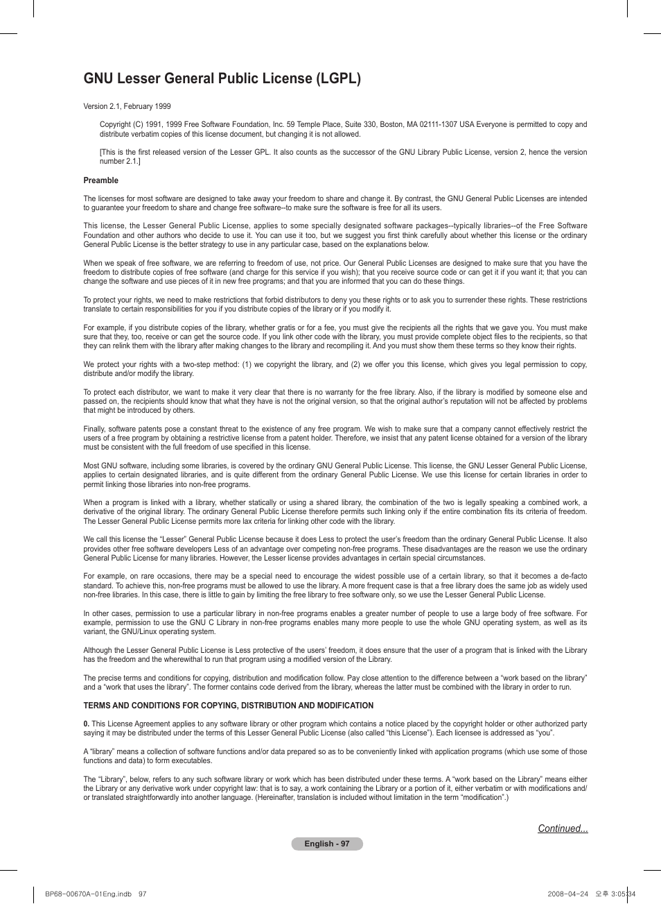 Gnu lesser general public license (lgpl) | Samsung HL72A650C1FXZA User Manual | Page 97 / 195