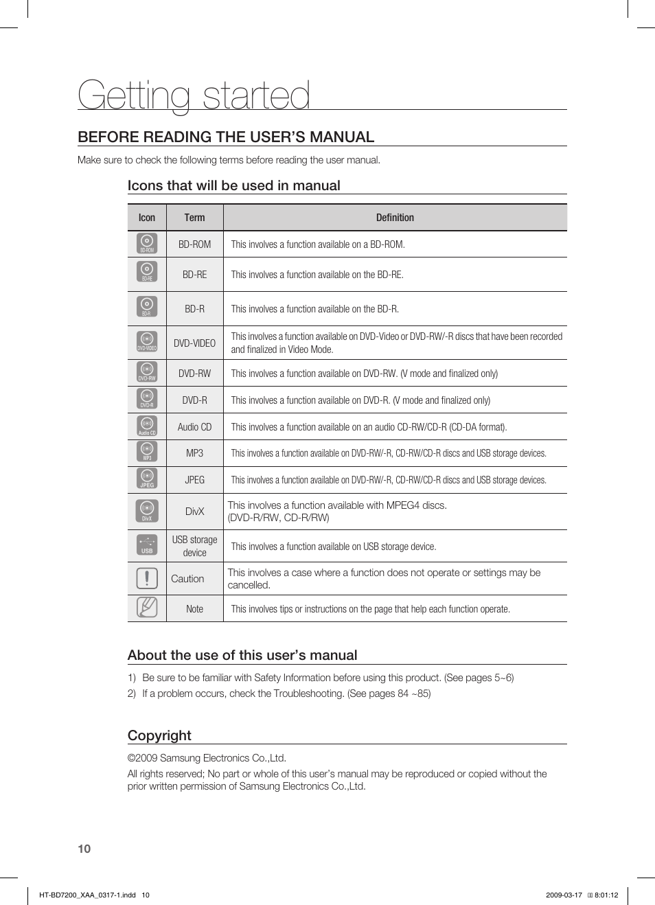 Getting started | Samsung HT-BD7200T-XAC User Manual | Page 10 / 100