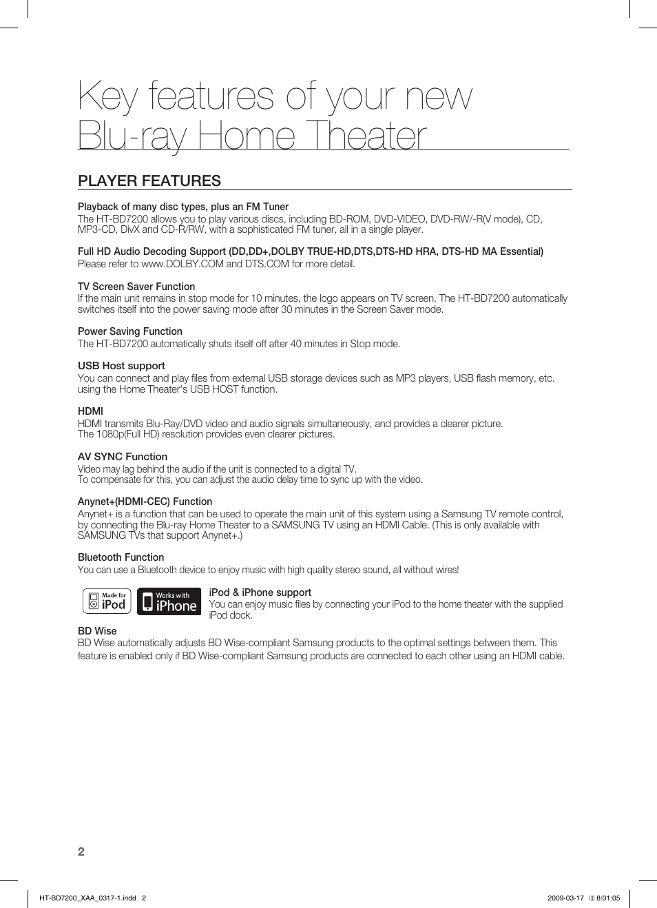 Key features of your newblu-ray home theater, Key features of your new blu-ray home theater, Player features | Samsung HT-BD7200T-XAC User Manual | Page 2 / 100