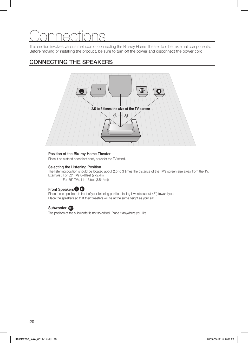 Connections, Connecting the speakers | Samsung HT-BD7200T-XAC User Manual | Page 20 / 100