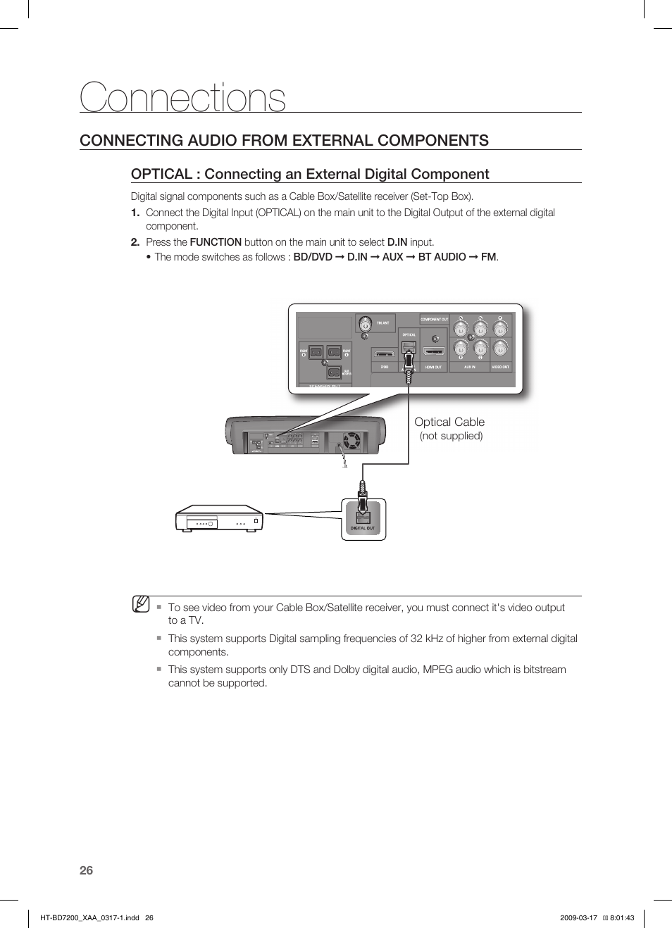 Connecting audio from external components, Connections | Samsung HT-BD7200T-XAC User Manual | Page 26 / 100