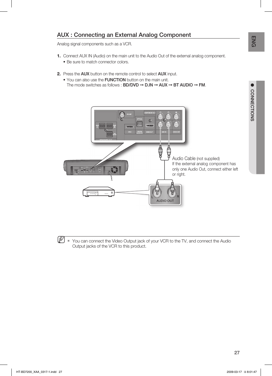 Aux : connecting an external analog component | Samsung HT-BD7200T-XAC User Manual | Page 27 / 100