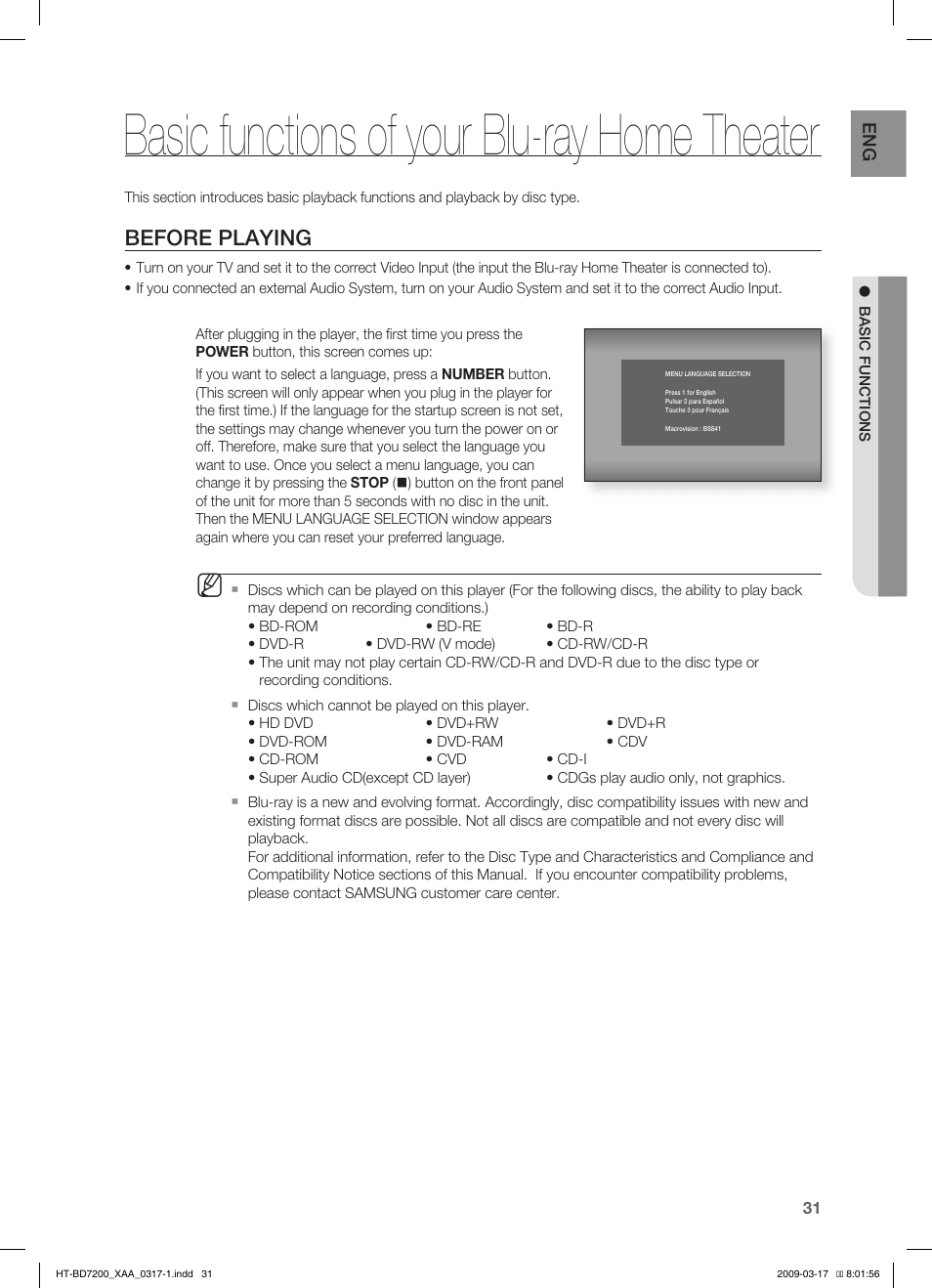 Basic functions of your blu-ray home theater, Before playing | Samsung HT-BD7200T-XAC User Manual | Page 31 / 100