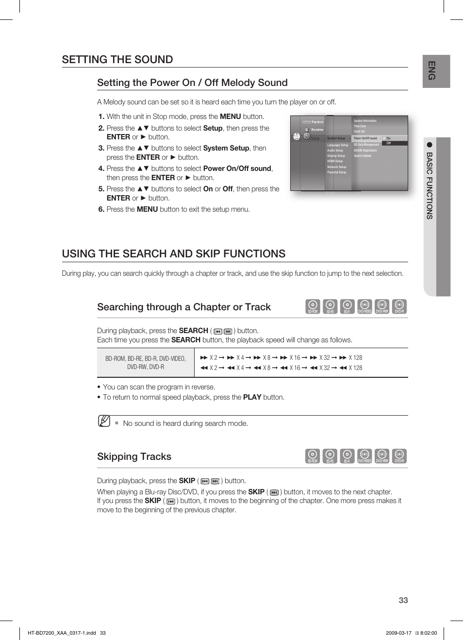 Setting the sound, Using the search and skip functions, Hgfzcv | Setting the power on / off melody sound, Searching through a chapter or track, Skipping tracks | Samsung HT-BD7200T-XAC User Manual | Page 33 / 100