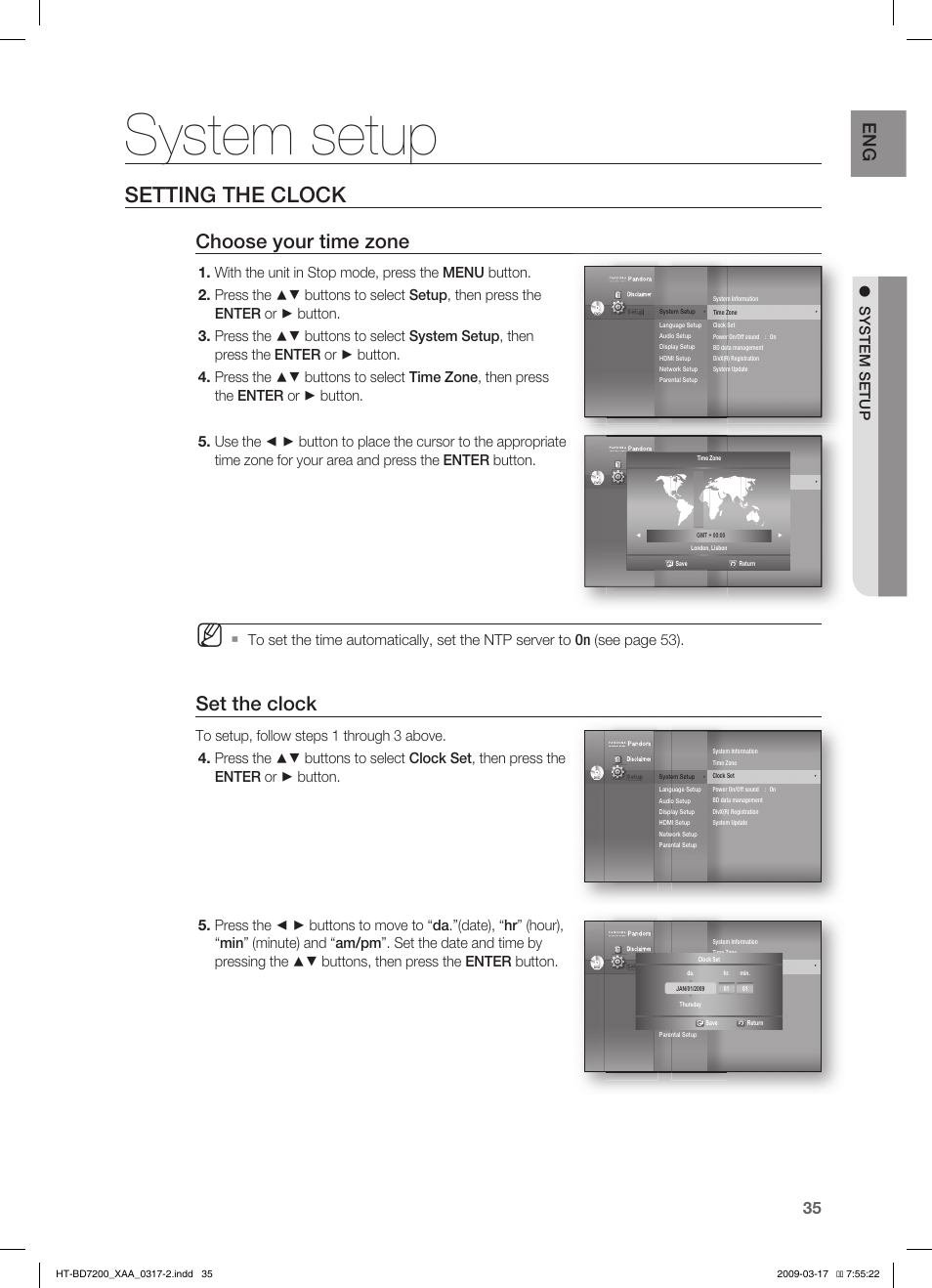System setup, Setting the clock, Choose your time zone | Set the clock | Samsung HT-BD7200T-XAC User Manual | Page 35 / 100