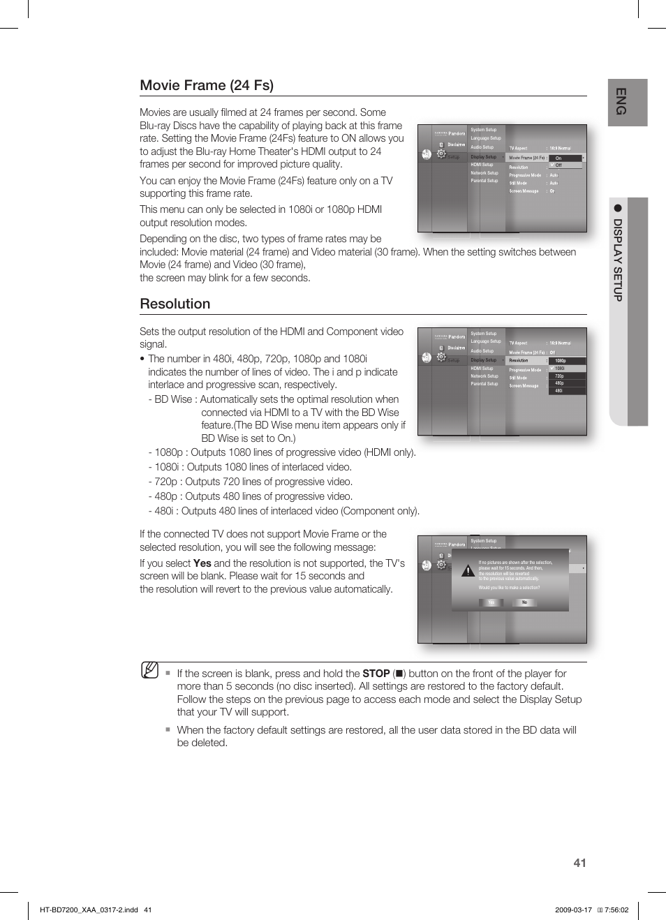Movie frame (24 fs), Resolution, Display setup | Samsung HT-BD7200T-XAC User Manual | Page 41 / 100
