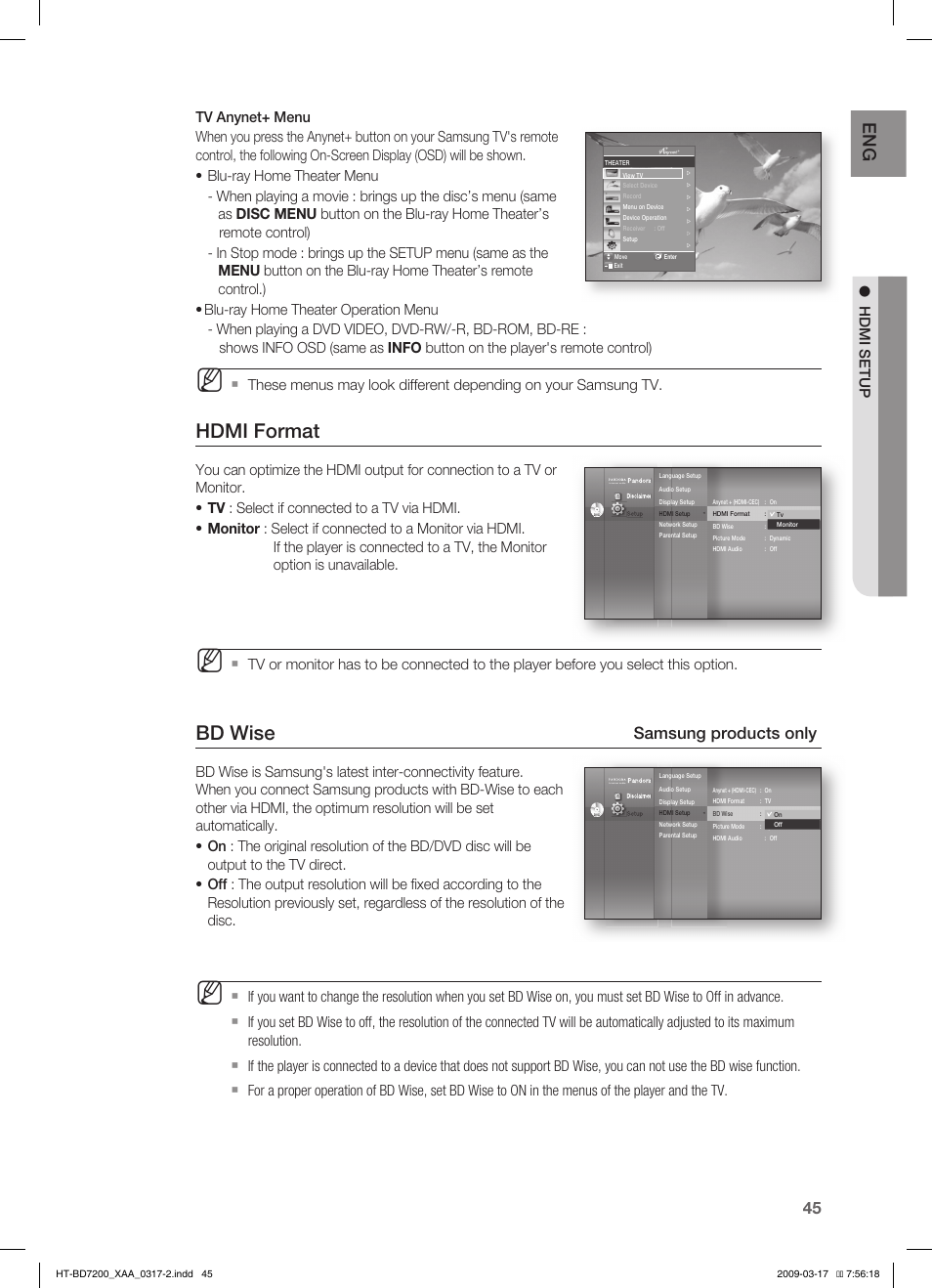 Hdmi format, Bd wise, Samsung products only | Samsung HT-BD7200T-XAC User Manual | Page 45 / 100
