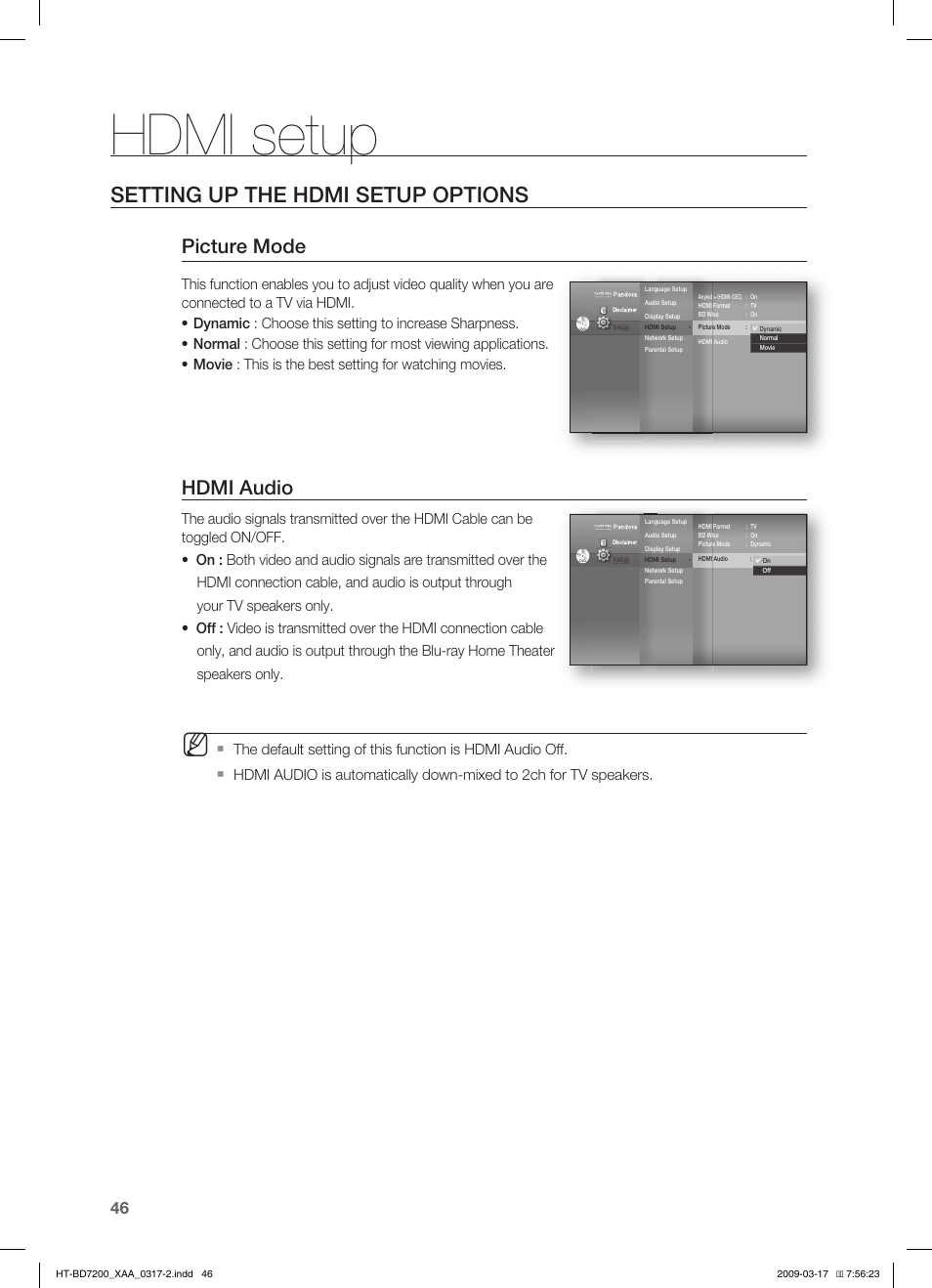 Hdmi setup, Setting up the hdmi setup options, Picture mode | Hdmi audio | Samsung HT-BD7200T-XAC User Manual | Page 46 / 100