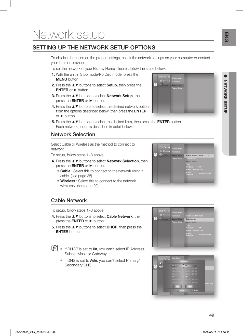 Network setup, Setting up the network setup options, Network selection | Cable network | Samsung HT-BD7200T-XAC User Manual | Page 49 / 100