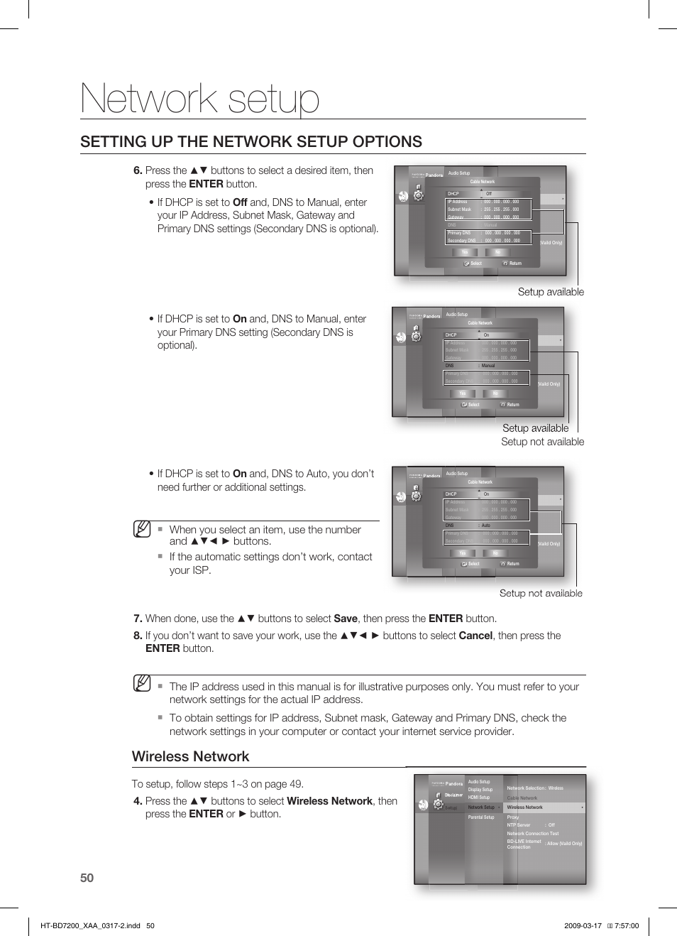 Network setup, Setting up the network setup options, Wireless network | Setup not available setup available, Setup not available, Setup available | Samsung HT-BD7200T-XAC User Manual | Page 50 / 100