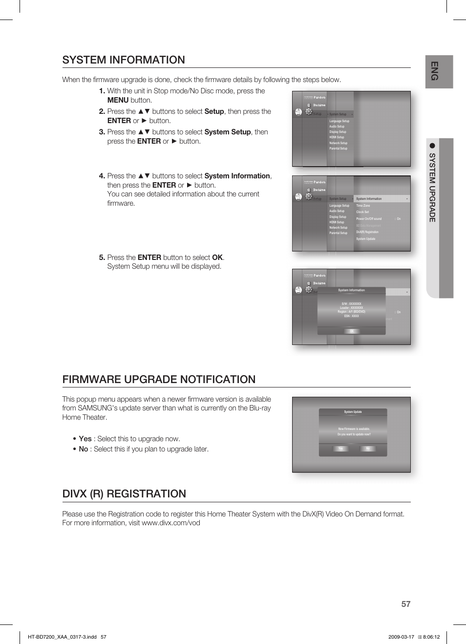 System information, Firmware upgrade notification, Divx (r) registration | System upgrade | Samsung HT-BD7200T-XAC User Manual | Page 57 / 100