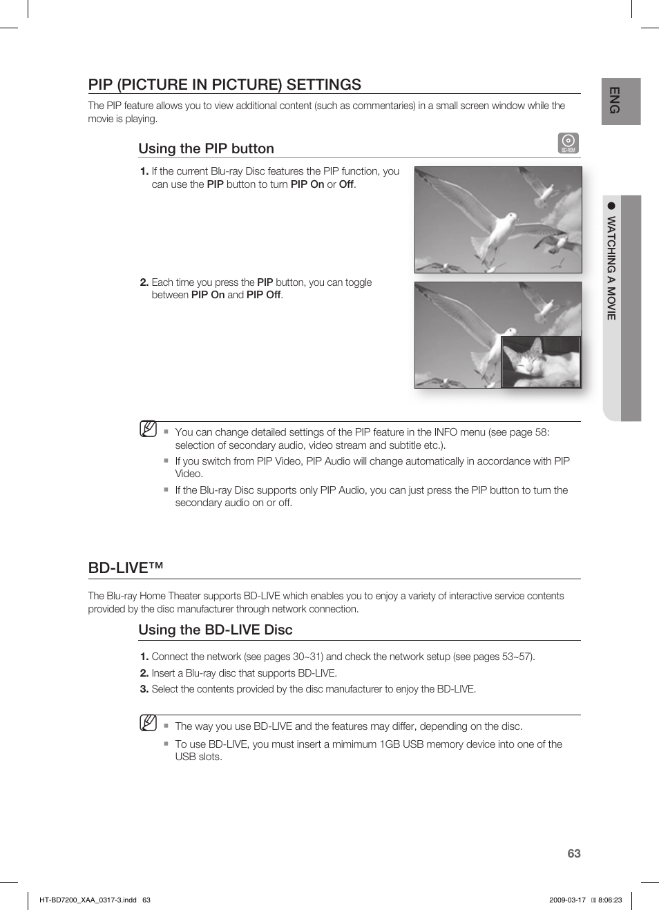 Pip (picture in picture) settings, Bd-live | Samsung HT-BD7200T-XAC User Manual | Page 63 / 100