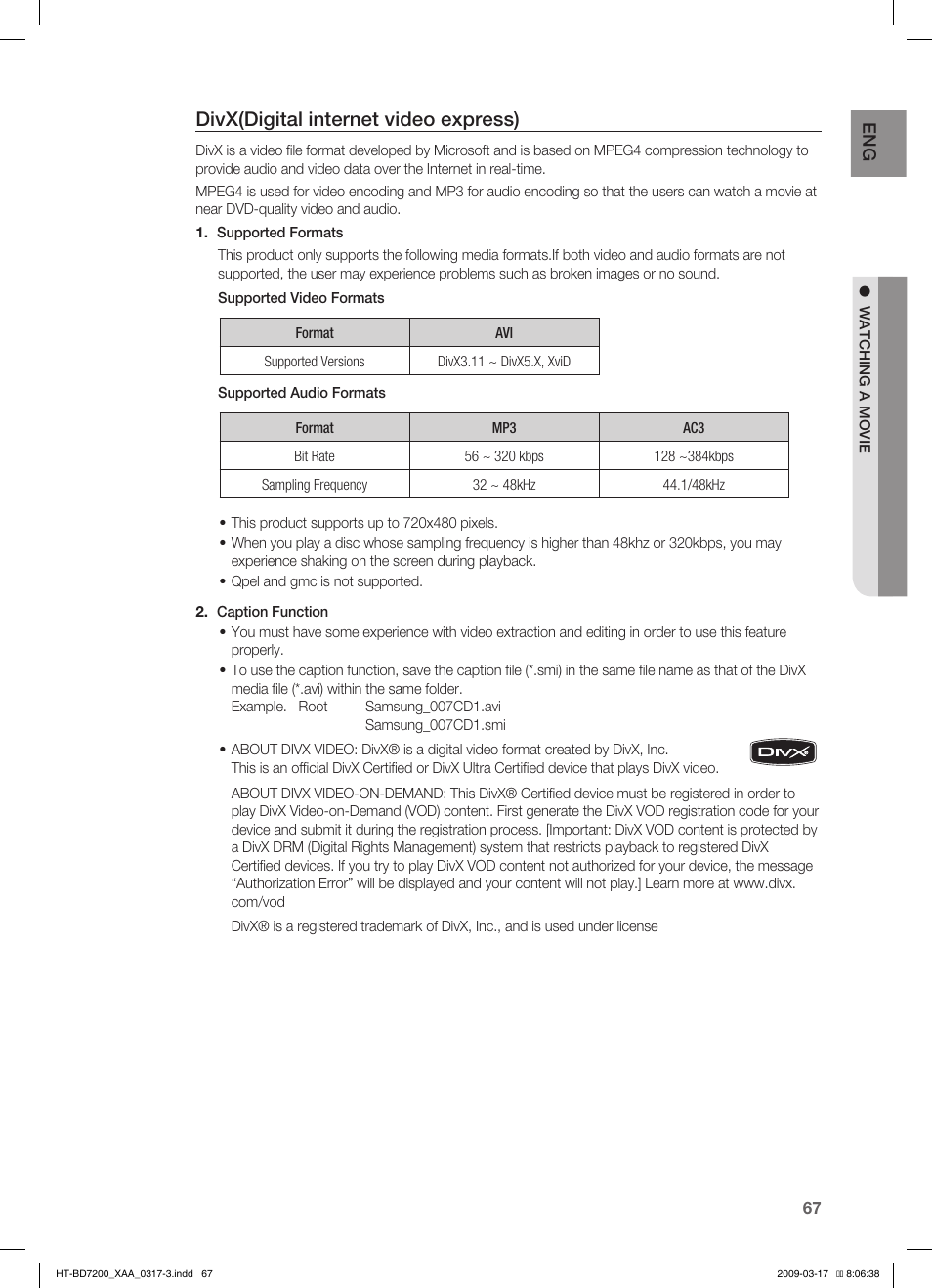 Divx(digital internet video express) | Samsung HT-BD7200T-XAC User Manual | Page 67 / 100