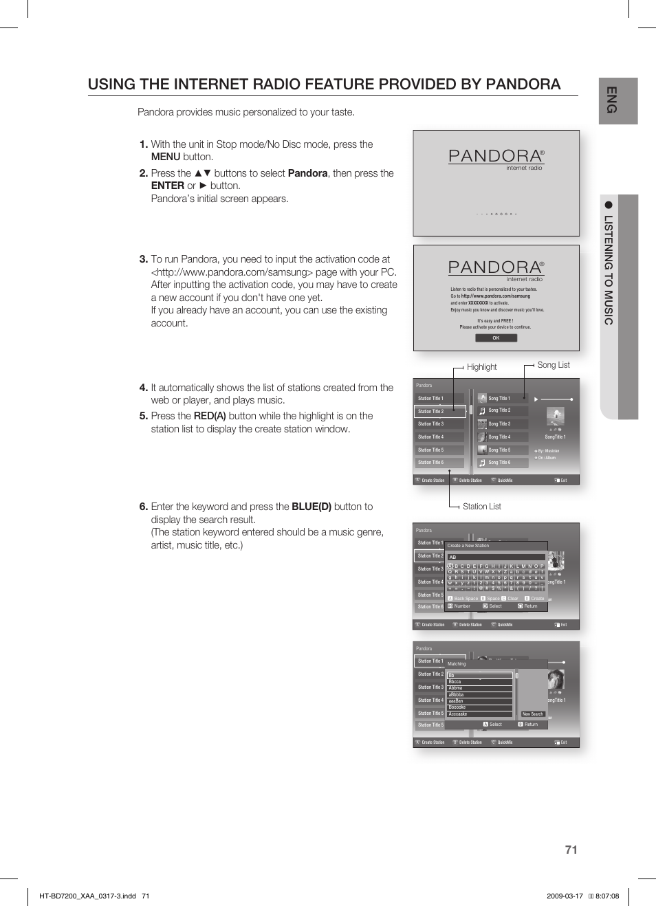 Pandora, Listening to music | Samsung HT-BD7200T-XAC User Manual | Page 71 / 100