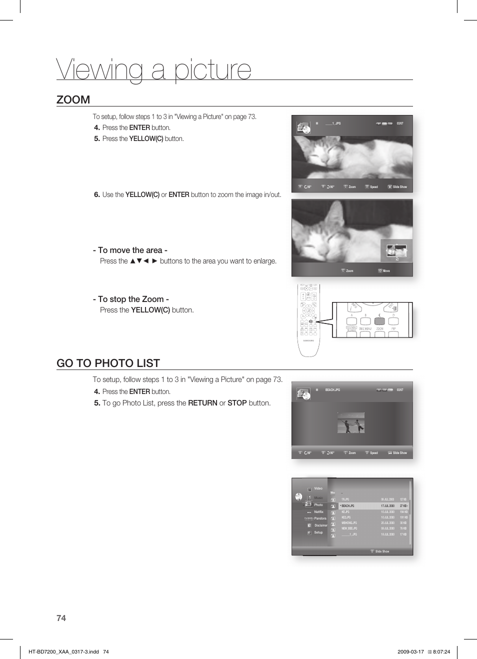 Viewing a picture, Zoom, Go to photo list | Press the yellow(c) button, Press the enter button | Samsung HT-BD7200T-XAC User Manual | Page 74 / 100