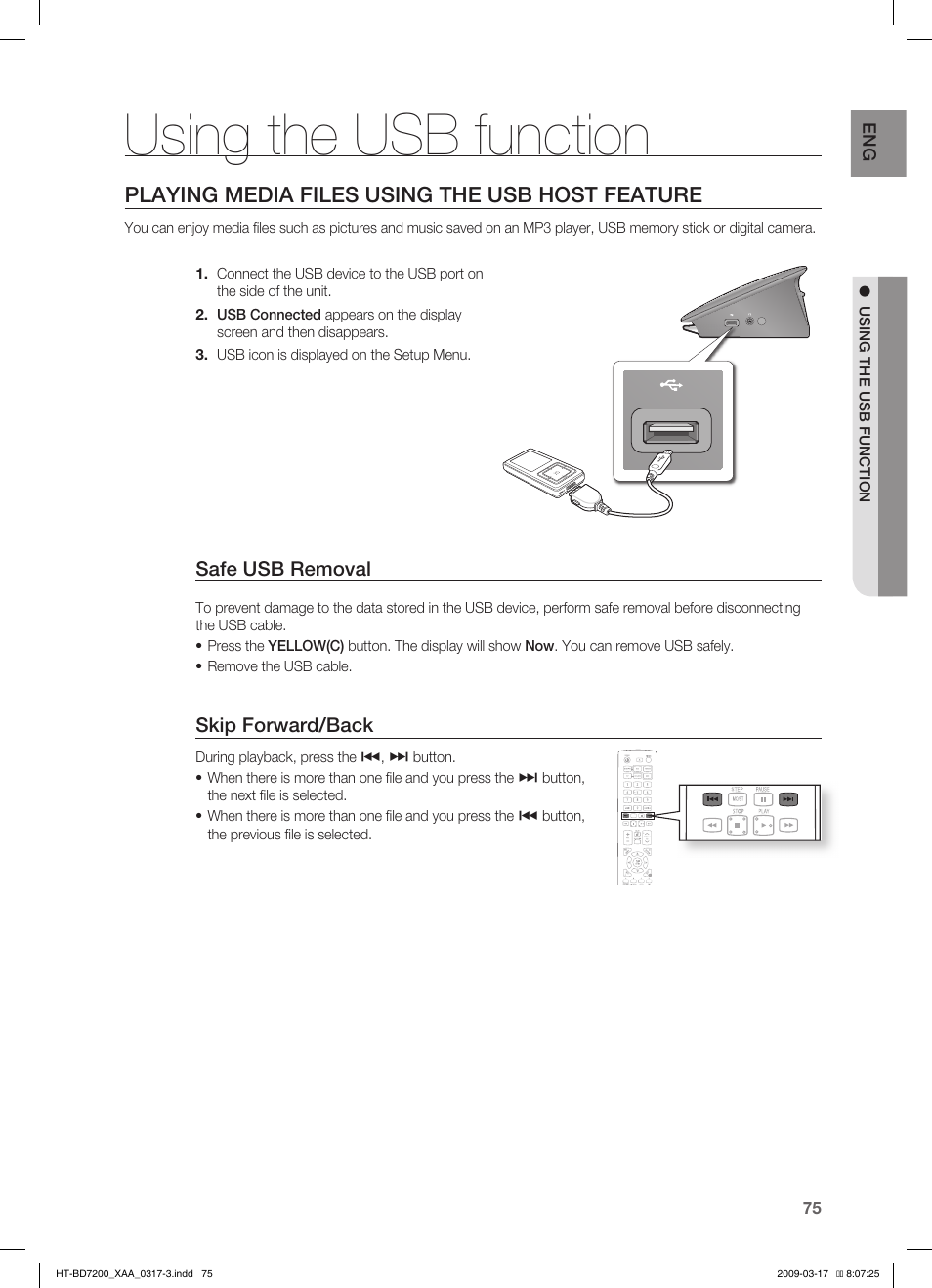 Using the usb function, Playing media files using the usb host feature | Samsung HT-BD7200T-XAC User Manual | Page 75 / 100