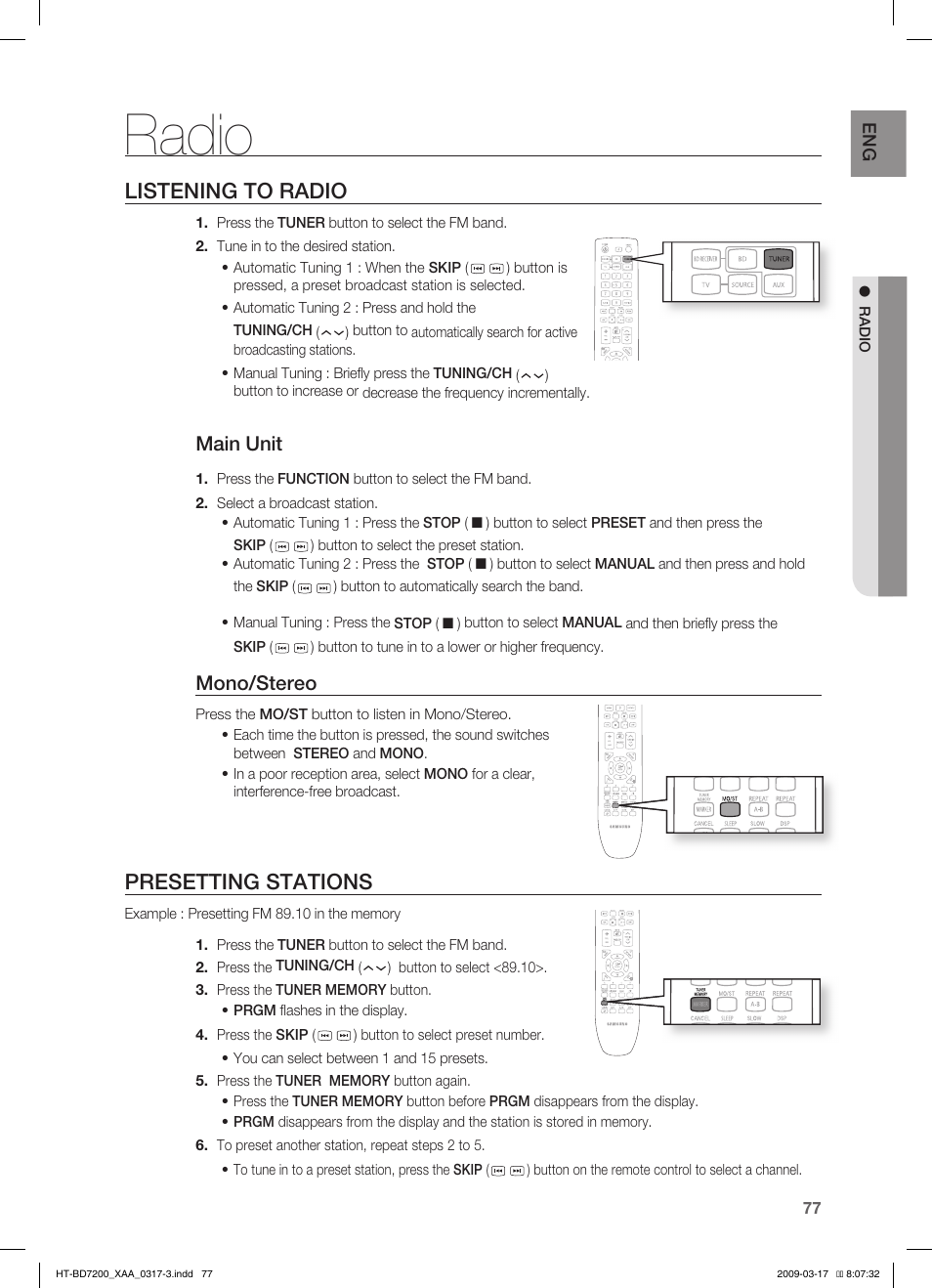 Radio, Listening to radio, Presetting stations | Main unit, Mono/stereo | Samsung HT-BD7200T-XAC User Manual | Page 77 / 100