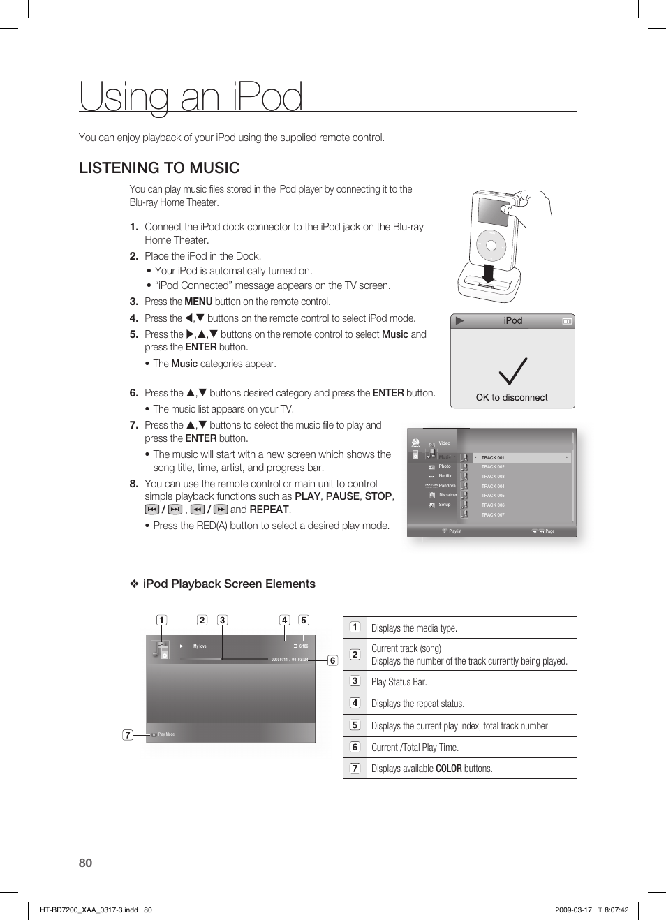 Using an ipod, Listening to music, Ipod playback screen elements | Samsung HT-BD7200T-XAC User Manual | Page 80 / 100