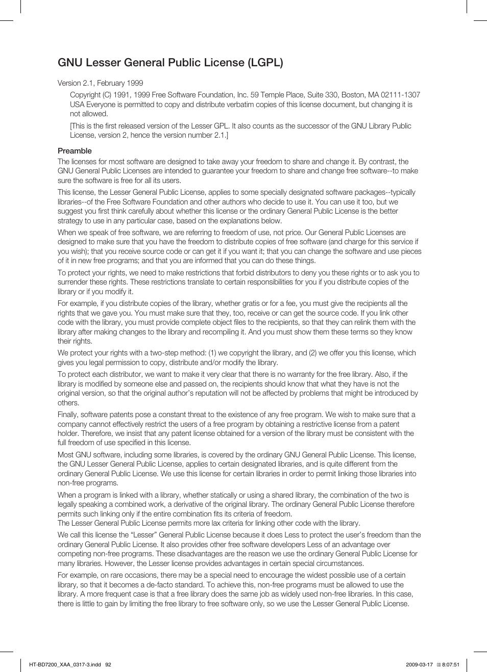 Gnu lesser general public license (lgpl) | Samsung HT-BD7200T-XAC User Manual | Page 92 / 100