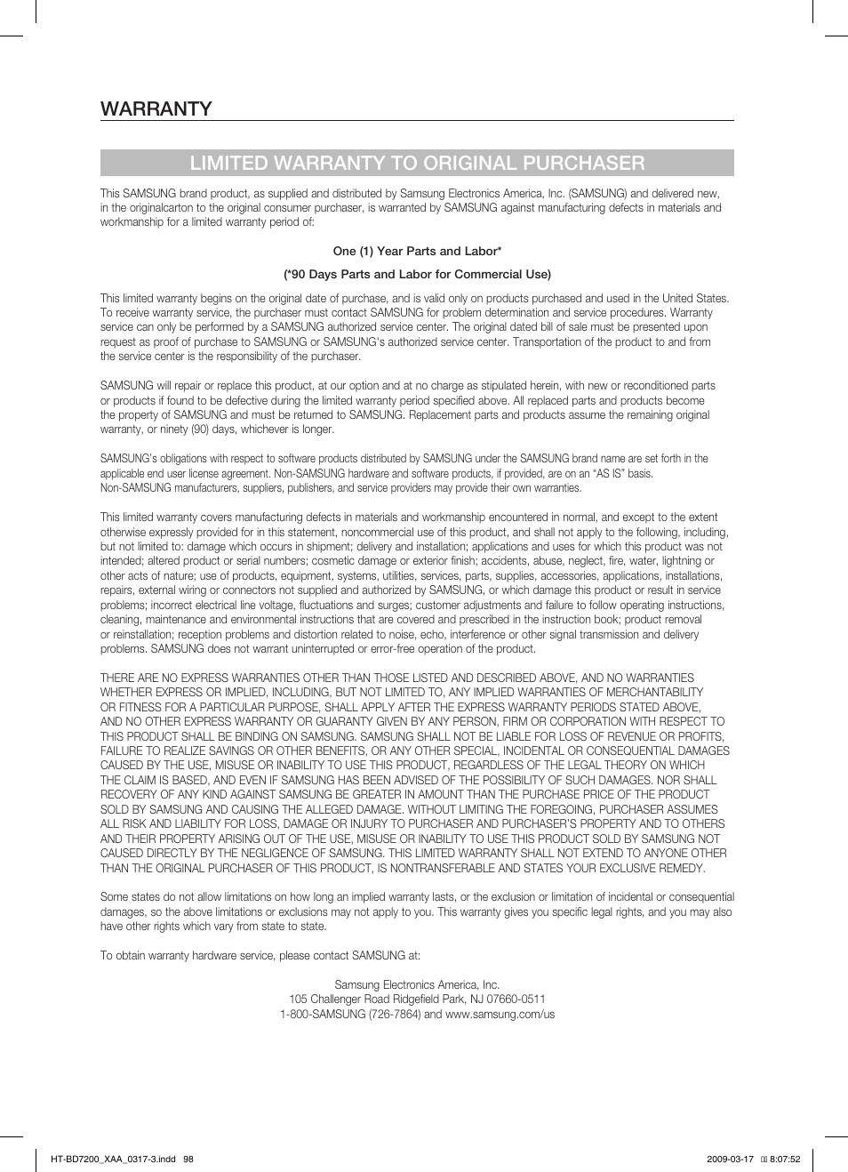 Warranty limited warranty to original purchaser | Samsung HT-BD7200T-XAC User Manual | Page 98 / 100