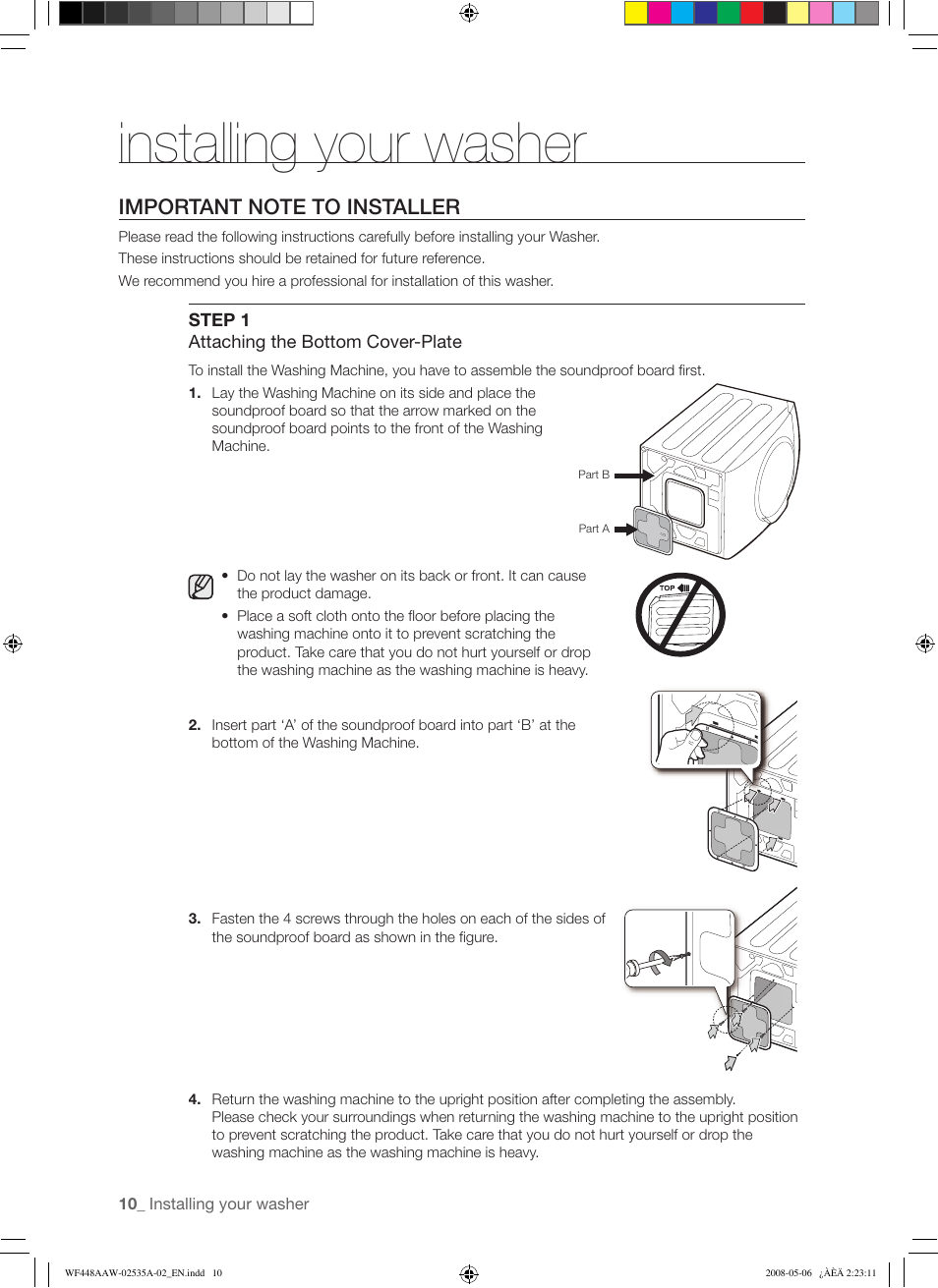 Installing your washer | Samsung WF438AAR-XAA User Manual | Page 10 / 64