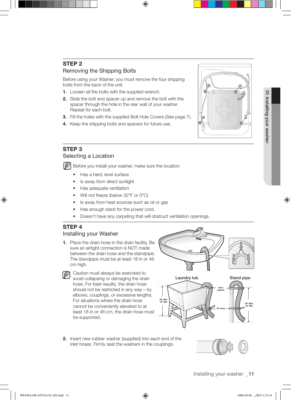 Step 2 removing the shipping bolts, Step 3 selecting a location, Step 4 installing your washer | Samsung WF438AAR-XAA User Manual | Page 11 / 64