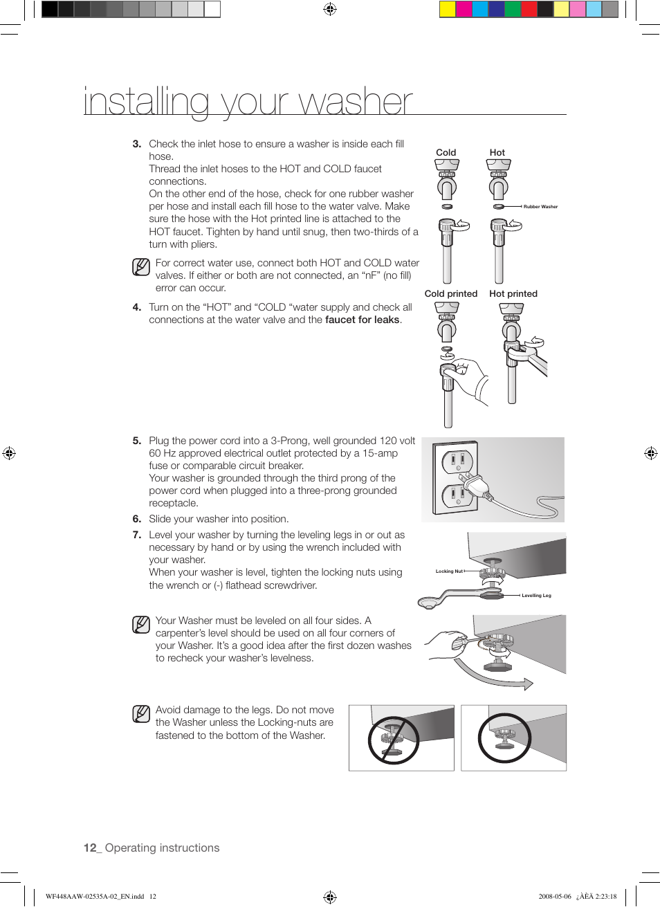 Installing your washer | Samsung WF438AAR-XAA User Manual | Page 12 / 64