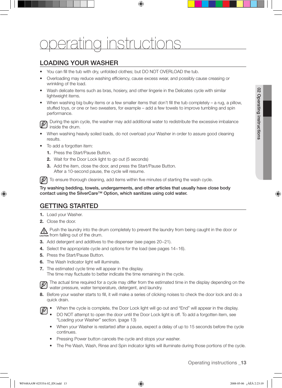 Operating instructions, Loading your washer, Getting started | Samsung WF438AAR-XAA User Manual | Page 13 / 64