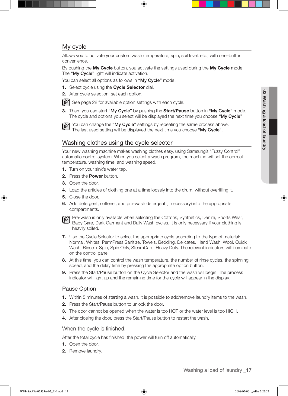 My cycle, Washing clothes using the cycle selector | Samsung WF438AAR-XAA User Manual | Page 17 / 64