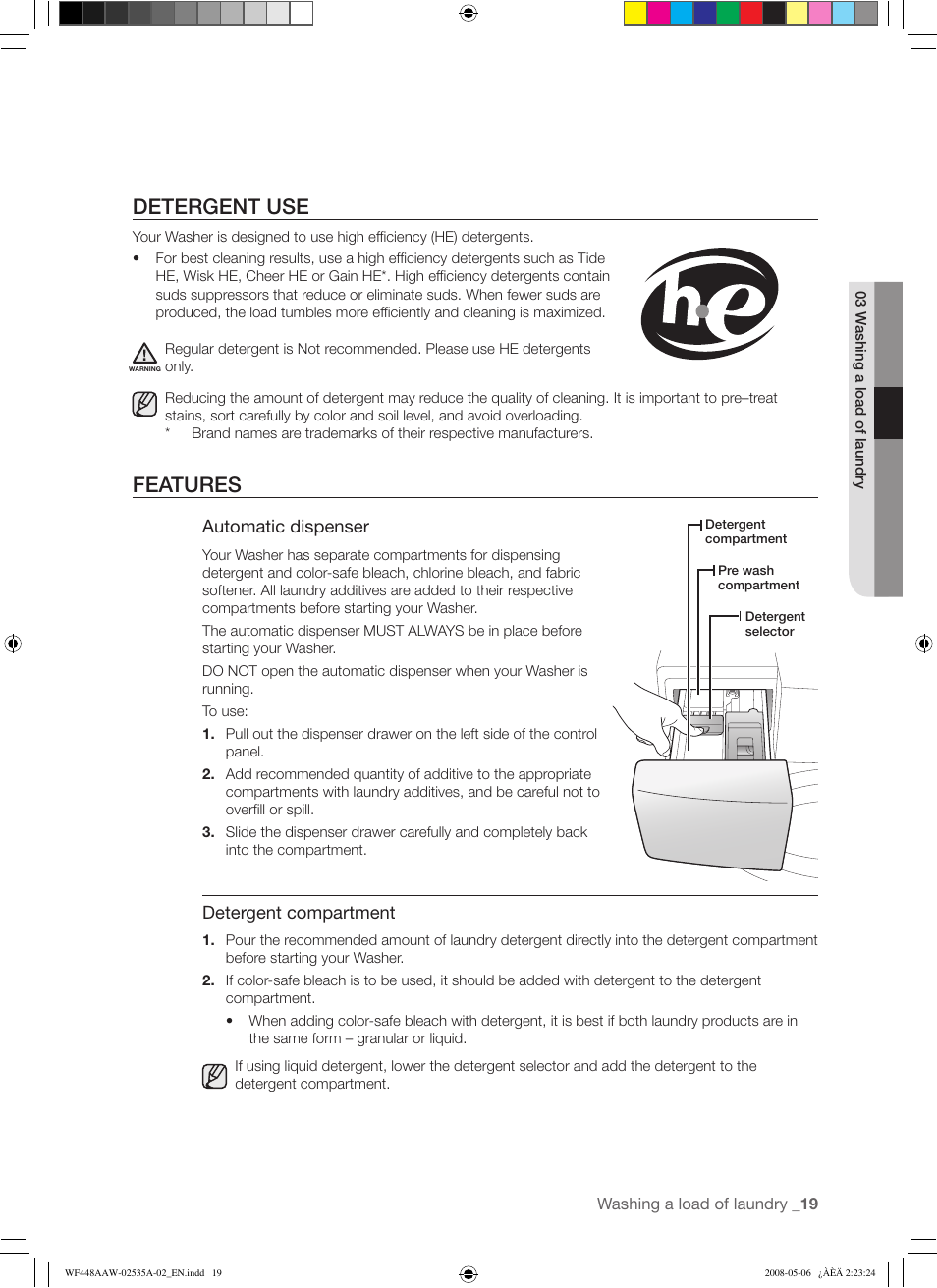 Detergent use, Features | Samsung WF438AAR-XAA User Manual | Page 19 / 64