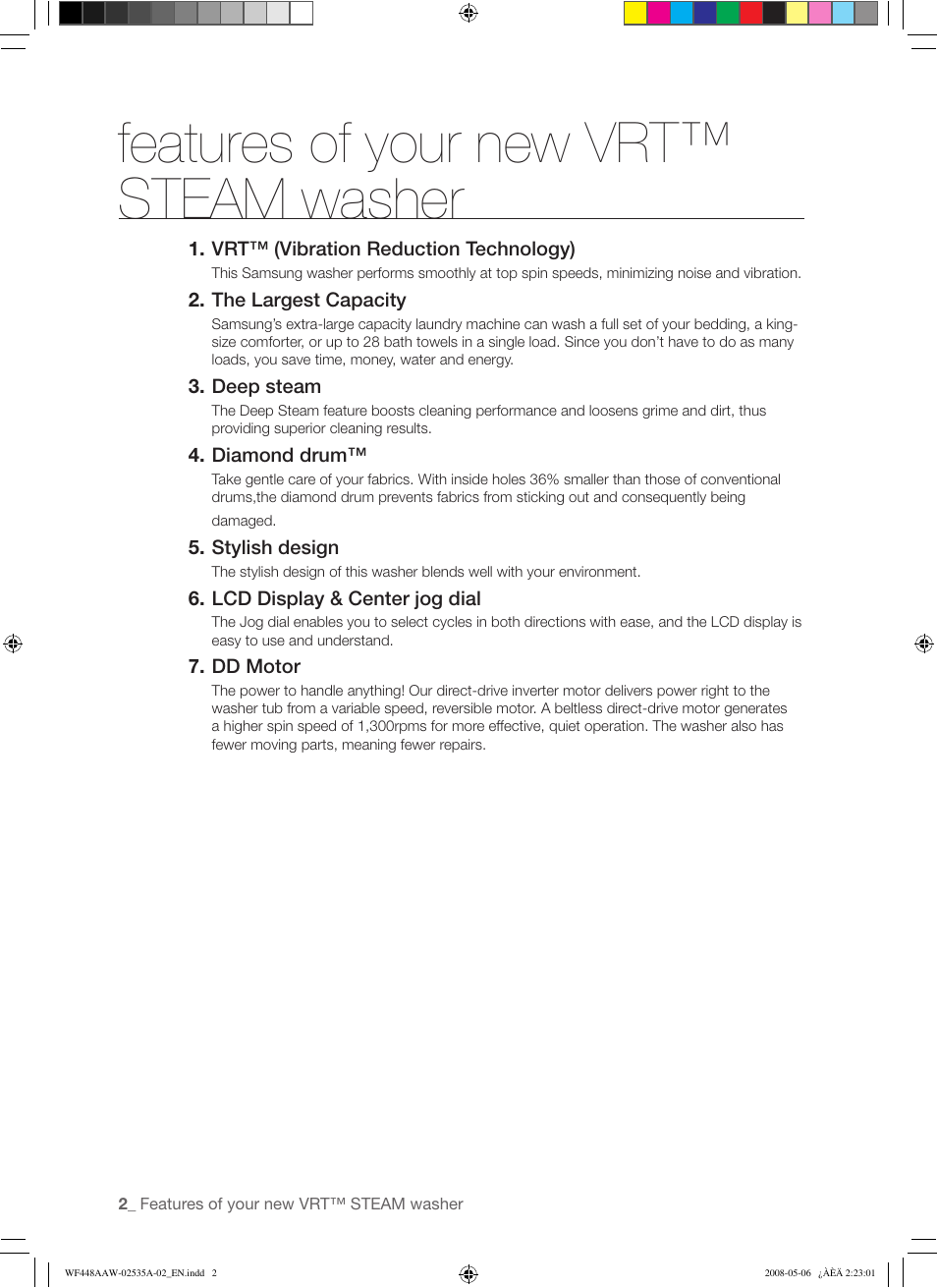 Features of your new vrt™ steam washer | Samsung WF438AAR-XAA User Manual | Page 2 / 64