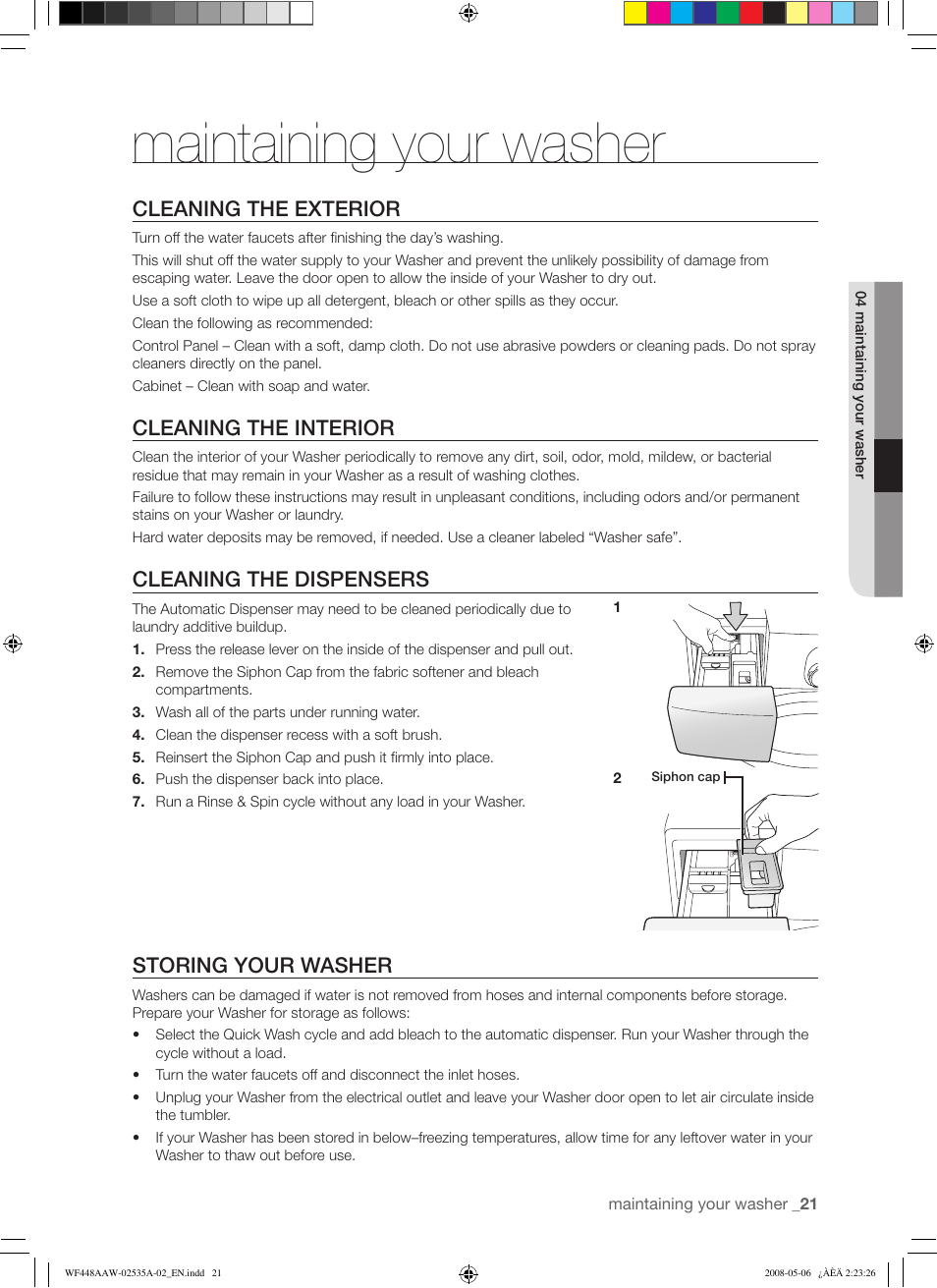 Maintaining your washer, Cleaning the exterior, Cleaning the interior | Cleaning the dispensers, Storing your washer | Samsung WF438AAR-XAA User Manual | Page 21 / 64