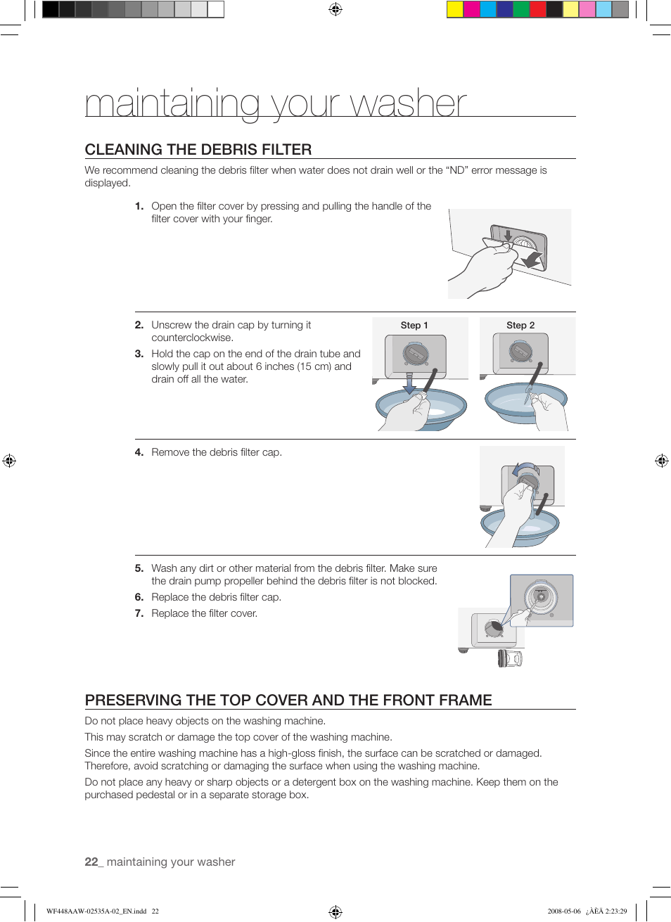 Maintaining your washer, Cleaning the debris filter, Preserving the top cover and the front frame | Samsung WF438AAR-XAA User Manual | Page 22 / 64