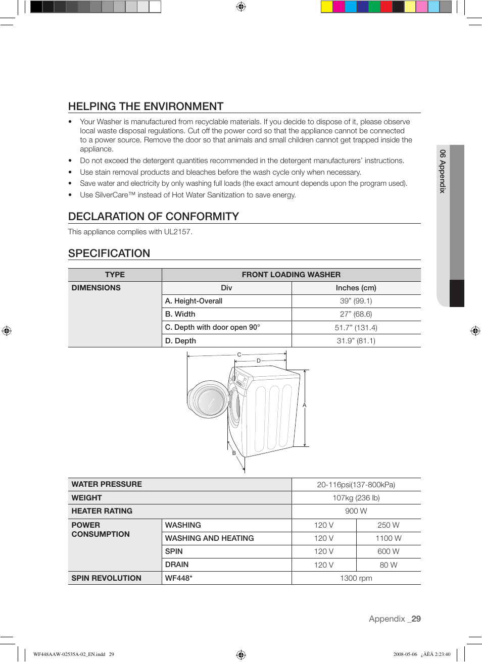 Helping the environment, Declaration of conformity, Specification | Samsung WF438AAR-XAA User Manual | Page 29 / 64