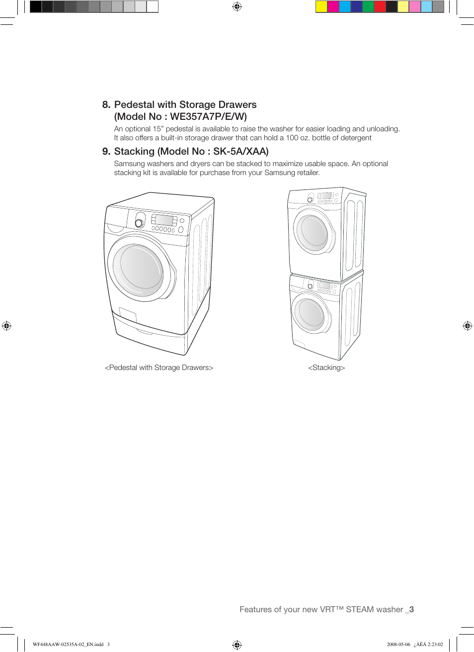 Stacking (model no : sk-5a/xaa) | Samsung WF438AAR-XAA User Manual | Page 3 / 64