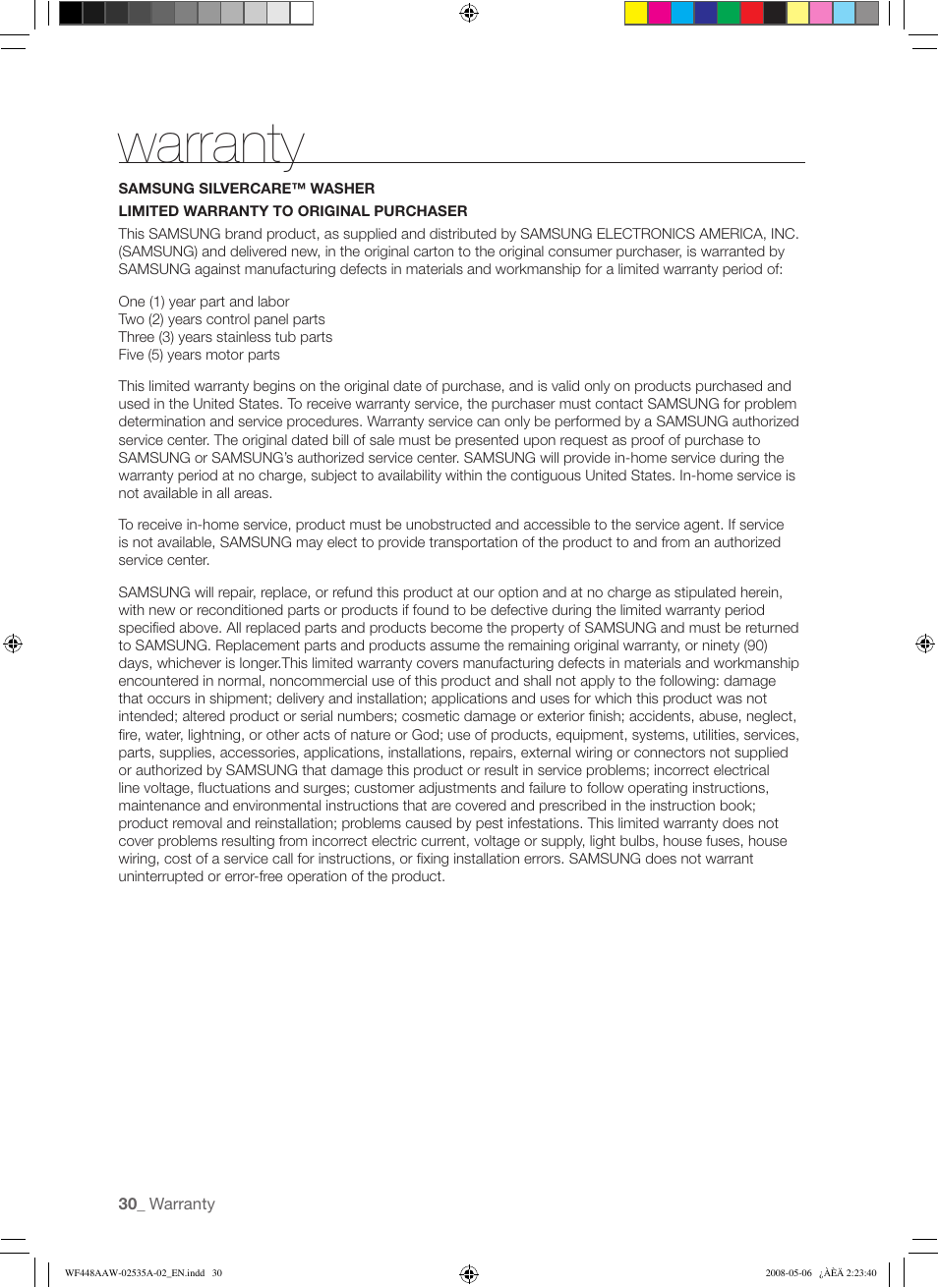 Warranty | Samsung WF438AAR-XAA User Manual | Page 30 / 64
