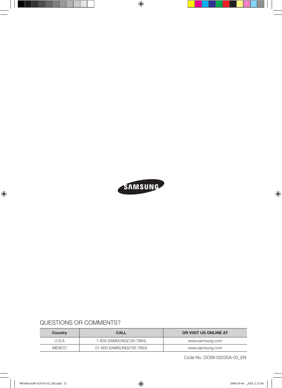Questions or comments | Samsung WF438AAR-XAA User Manual | Page 32 / 64